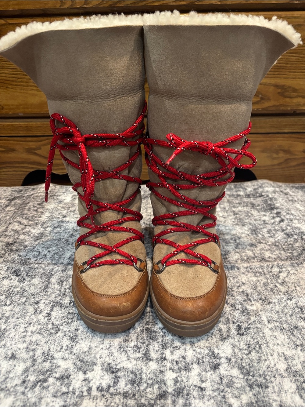 Isabel Marant Brown and Taupe Suede Winter Lace-Up Boots with Red Laces